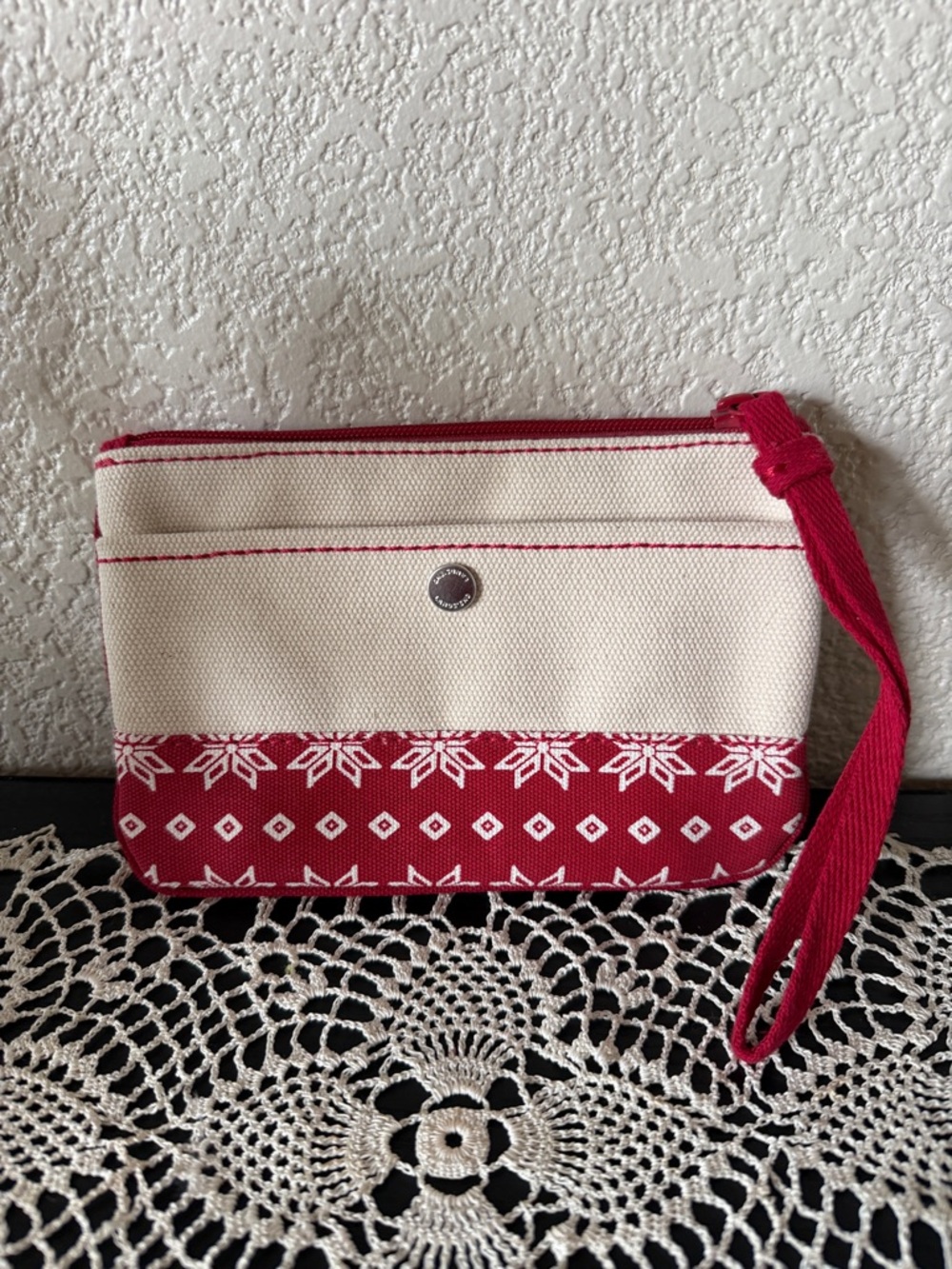 Land’s End Red Ecru Snowflake Cotton Canvas Wristlet Pouch
